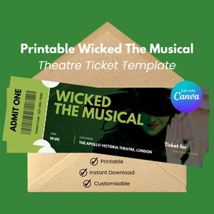 Puede incluir: Una plantilla de entrada de teatro imprimible para "Wicked The Musical" en diseño verde y blanco. La entrada incluye la hora, la ubicación y un código de entrada. El diseño también incluye el texto "Imprimible", "Descarga instantánea" y "Personalizable".