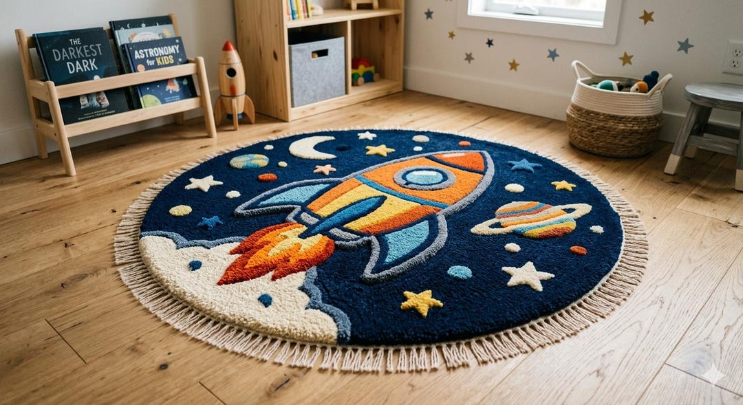 Kids Space Rocket Tufted Rug – Round Astronaut Galaxy Nursery Carpet ...