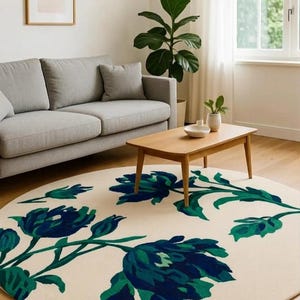 Modern Botanical Floral Round Area Rug – Cream Base with Blue & Green Leaf Design