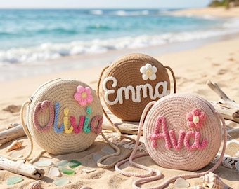 Bolso de paja con monograma y nombre bordado / Bolso bandolera infantil para jugar / Bolso pequeño redondo personalizado para la vuelta al cole