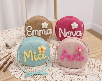 Personalized Boho Summer Straw Bag With Yarn Name Tag | Straw Box Purse For Daughter | Small Kids Crossbody Bag For Vacation Trip