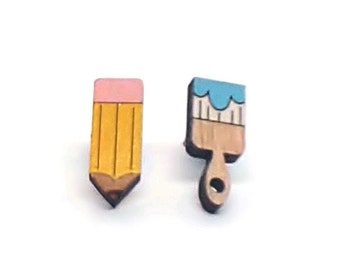 Handmade Pencil and Paintbrush Stud Earrings | Laser Cut Wood, Art Geek Gift