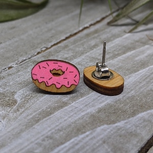 Donut Earrings | Pink Donut | Donut Shop | Kawaii donut| Handmade Wood Jewelry| Gift| Surgical Steel| Unique Gift| Food Charm| Hand Painted