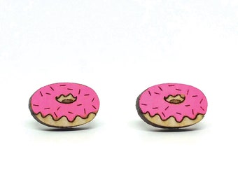 Handmade Pink Donut Earrings | Surgical Steel Post, Wood Jewelry