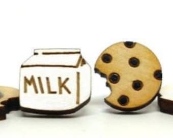 Milk and Cookie Earrings: Surgical Steel Stud, Sterling Steel, Handmade Wood Jewelry