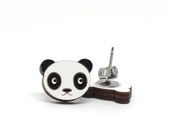 Handmade Panda Stud Earrings | Lightweight Wood, Surgical Steel