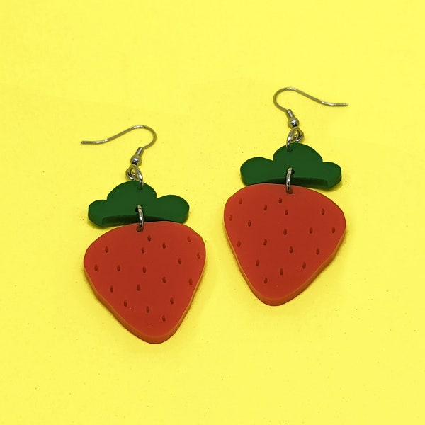 Red Strawberry Dangle Earrings | Acrylic Dangles | Big Bold Earrings | Gift For Friend | Big Bold Earrings | Fun Jewelry | Gifts For Her