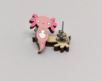 Boucles d'oreilles en bois faites à la main Axolotl, oreilles sensibles, idée cadeau