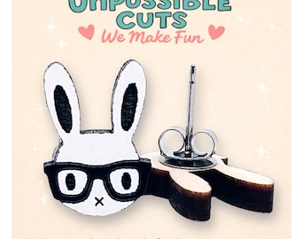 Nerdy Bunny Stud Earrings, Laser Cut Wood Animal Jewelry, Hypoallergenic Posts