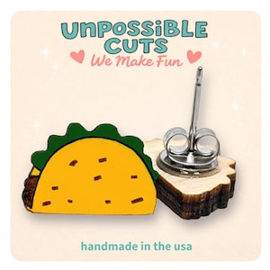 Taco Studs, Foodie Jewelry, Funny Food Gift, Kawaii Wood Accessory, Handmade USA