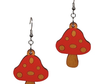 Red Mushroom Dangle Earrings | Surgical Steel, Handmade
