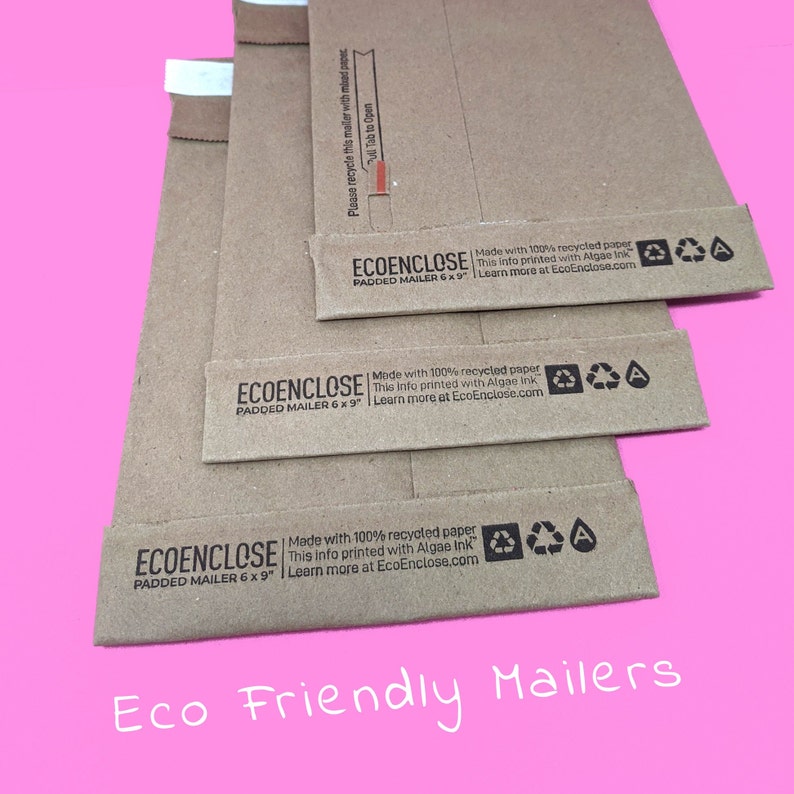 May include: Three brown EcoEnclose padded mailers, 6 x 9 inches, made with recycled paper. Each mailer has the EcoEnclose logo and text, including "Made with 100% recycled paper." The background is a bright pink.