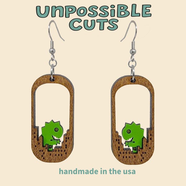 Pendientes colgantes de monstruos Kaiju de madera, joyería de ciencia ficción de Godzilla, ganchos de acero quirúrgico.