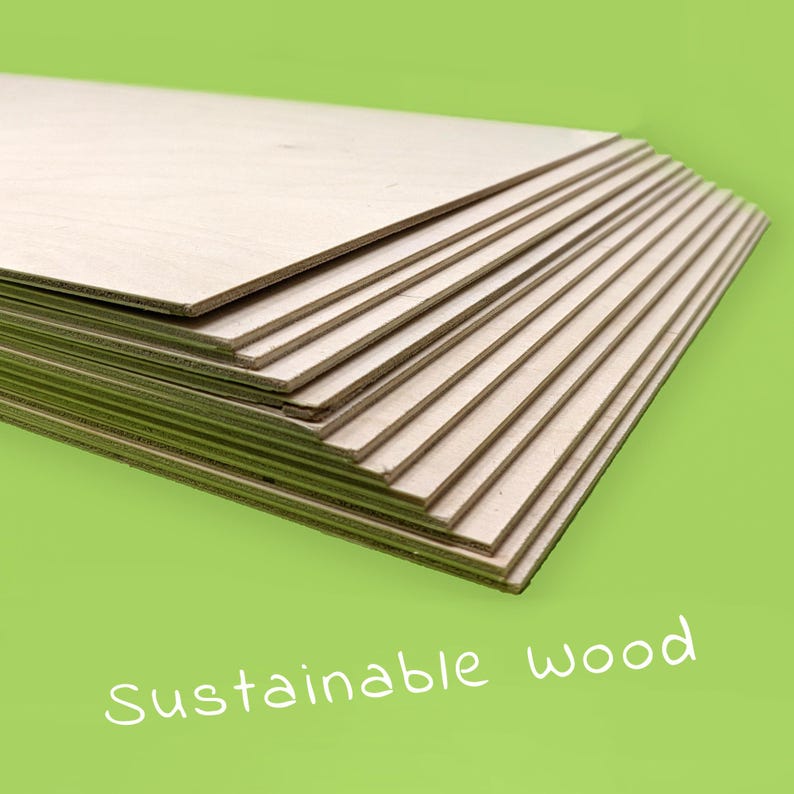 May include: A stack of light brown plywood sheets, with the text "Sustainable Wood" written in white below the stack.