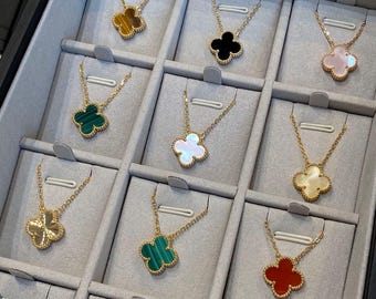 925 Silver Plated with 18K Gold Clover Necklace, 15mm Mother-of-pearl, Malachite, Agate Clover Pendant.