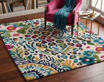 May include: A rectangular area rug featuring a cream-colored background with a multi-colored pattern of stylized flowers, leaves, and leopard-like spots in shades of navy blue, teal, magenta, and mustard yellow with a tufted, textured surface.