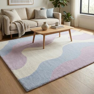Hand Tufted Wool Rug, Abstract Pastel Wavy Design, Lavender Blue Cream Carpet