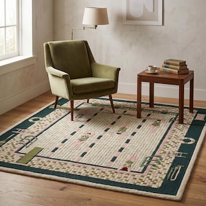 May include: A rectangular area rug featuring a swimming pool motif with a dark green border, a cream-colored tiled pattern, and stylized figures of swimmers in pink and green swimsuits. The design includes geometric shapes and block lettering.