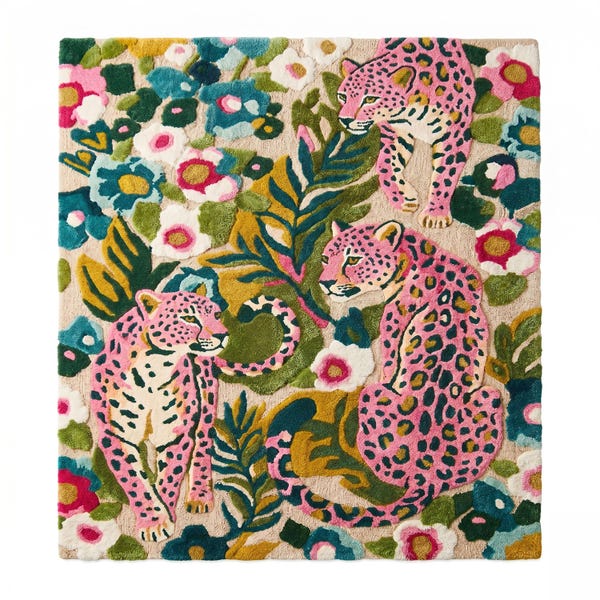 Pink Leopard Wool Rug, Maximalist Floral Botanical Area Rug, Hand Tufted Living Room Carpet