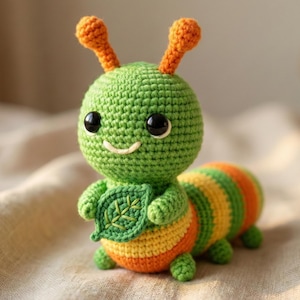 May include: A handmade crochet caterpillar toy. The caterpillar is primarily green with orange and yellow stripes on its body. It has large black eyes, orange antennae, and is holding a green leaf. The toy is designed with a smiling face.