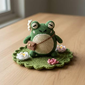 May include: A handmade green crochet frog with a beige belly, wearing a brown purse, and a white flower on its head. The frog sits on a green lily pad with white and pink crochet flowers.