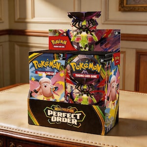 Puede incluir: Una caja expositora de paquetes de cartas coleccionables Pokémon. La caja presenta el texto "MEGA EVOLUTION PERFECT ORDER" y el logotipo de Pokémon. Los paquetes tienen gráficos coloridos y el texto "TRADING CARD GAME".