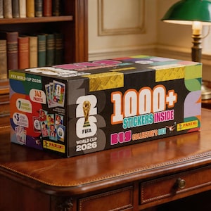 Puede incluir: Una caja de coleccionista para la Copa Mundial de la FIFA 2026, con el texto "1000+ Stickers Inside". La caja es negra con detalles coloridos y el logotipo de Panini. Contiene 143 paquetes de pegatinas.