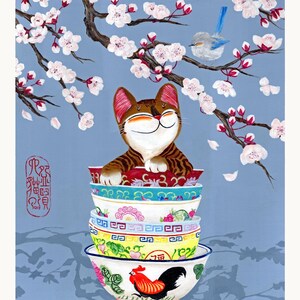 Katzen Wandkunst - Kirschblüte & Sechs Schüsseln Illustration, Feng Shui Wohlstand Dekor