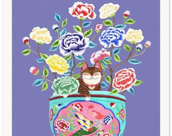 Regalo de arte mural de gatos con coloridas peonías sobre fondo morado, maceta Peranakan Phoenix, pintura Bliss para amantes de los gatos