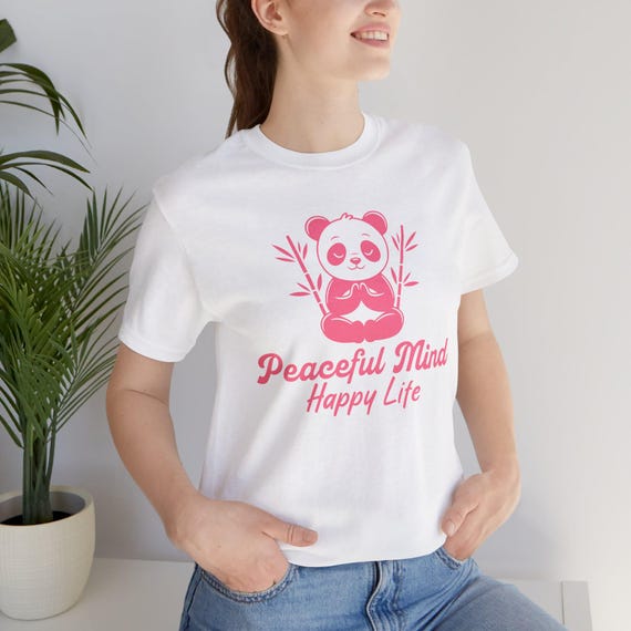 Peaceful Mind Happy Life Panda T-Shirt | Pink Meditation Bamboo Design