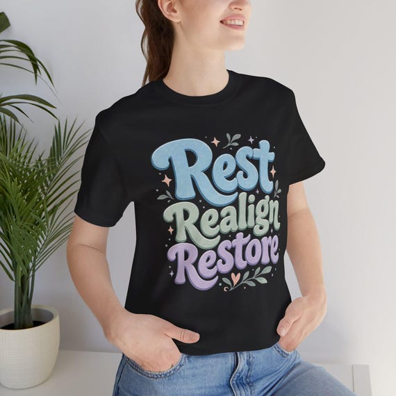 Rest Realign Restore T-Shirt | Relaxation mantra tee, pastel floral design