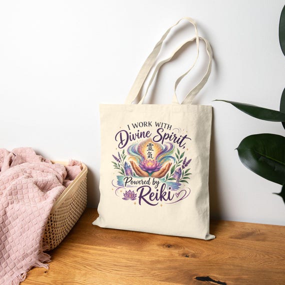 I Work with Divine Spirit Powered by Reiki Tote Bag | Reiki Practitioner Gift | Reiki Master Bag | Energy Healer Spiritual Tote