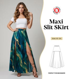 May include: A maxi slit skirt featuring a teal, green, and gold marbled pattern. The text reads Maxi Slit SKirt and Sizes: XS - 2XL. A technical line drawing of the skirt is displayed below the text, alongside a PDF pattern icon.