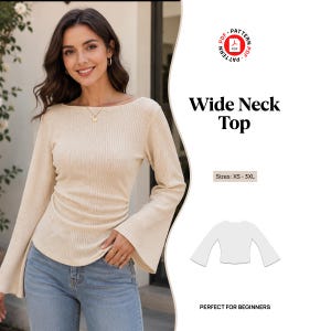 Patrón de costura en PDF para blusa de cuello ancho / Blusa para principiantes, tallas XS-XXXL (descarga digital)