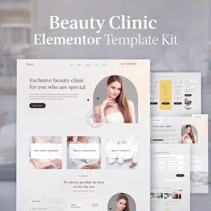 May include: A website template kit for a beauty clinic, with a modern design. The main page includes the text "Beauty Clinic Elementor Template Kit" and "Exclusive beauty clinic for you who are special." Additional pages showcase body care, beauty consultation, and beauty products.