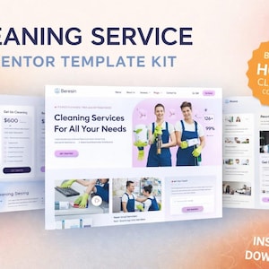 May include: A promotional image for a cleaning service Elementor template kit. The design features website mockups with the text "Cleaning Service" and "Cleaning Services For All Your Needs." The image also includes the text "Best for House Cleaning Companies" and "Instant Download."
