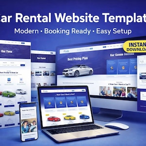 Op de afbeelding: Een car rental website template weergegeven op een desktopcomputer, laptop, tablet en smartphone. Het website-ontwerp heeft een moderne lay-out met een blauw en wit kleurenschema. Tekst op de afbeelding bevat "Car Rental Website Template" en "Instant Download."