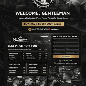 Peut inclure: Modèle de site web pour un barbier, avec un thème noir et or. Le design comprend le texte "Welcome, Gentleman" et une liste de prix pour les services. L'image comprend également un barbier coupant les cheveux d'un client.