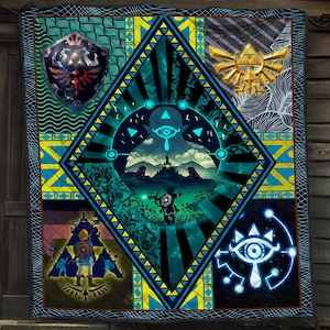 May include: A quilted blanket with a central diamond design depicting a landscape scene, framed by geometric patterns and symbols. The colour scheme includes blues, greens, yellows, and browns. The blanket features imagery from a popular video game.