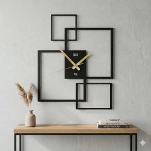 Geometric Metal Wall Clock, Asymmetric Square Design, Silent Modern Decor