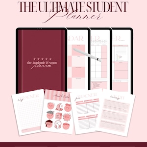 May include: A digital student planner set in shades of burgundy and light pink. The display shows the title The Ultimate Student Planner, Academic Weapon Planner, and various pages including a calendar, mood tracker, grade tracker, and audit sheets.