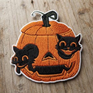 Custom Embroidered Patch Vintage Black Cat Pumpkin, Iron On, Sew On, Hook and Loop, Retro Halloween Cat Patch for Jacket Backpack