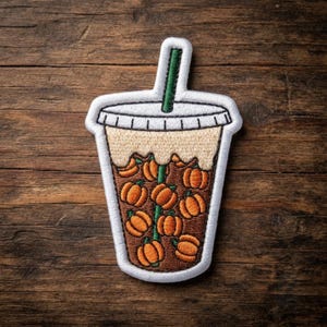 Custom Embroidered Patch Pumpkin Drink, Iron On Sew On Hook and Loop, Fall Coffee Patch Autumn Beverage Patch for Backpack Jacket Gift