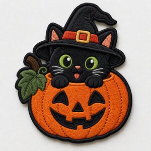 Custom Embroidered Patch Black Cat Pumpkin Halloween, Iron On, Sew On, Hook and Loop Witch Kitty Jack O Lantern Patch for Jackets