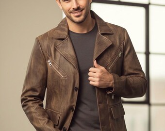 Men’s Distressed Brown Leather Jacket - Vintage Slim Fit Biker Jacket - Handcrafted Genuine Leather Coat for Men - Rugged Casual Outerwear.-