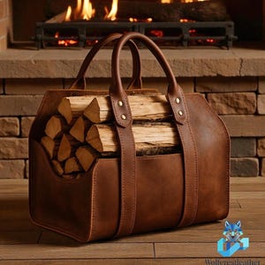 Puede incluir: Un portaleña de cuero marrón lleno de leña, colocado frente a una chimenea de ladrillo con fuego encendido. El portaleña tiene dos asas y está hecho de un material de cuero resistente. El portaleña mide aproximadamente 46 cm de largo.