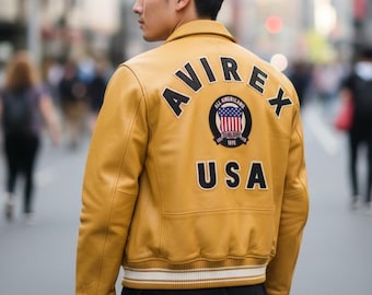 Men Avirex Yellow Real Bomber American Flight Jacket Faux Leather Jacket for Men Men Avirex Yellow Real Bomber American Flight Jacket