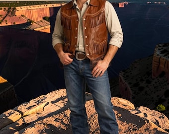 Men's Leather Fringe Vest – Western Cowboy Suede Waistcoat, Vintage Rodeo Style
