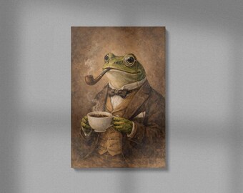 Rana elegante con traje y café / Arte animal divertido / Archivo imprimible (descarga digital)