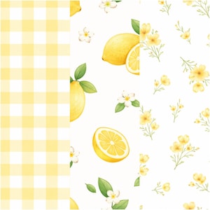 May include: A selection of watercolour patterns featuring lemons, flowers, and gingham. The patterns include whole and sliced lemons with green leaves, delicate white blossoms, and yellow floral arrangements. The gingham pattern is yellow and white.